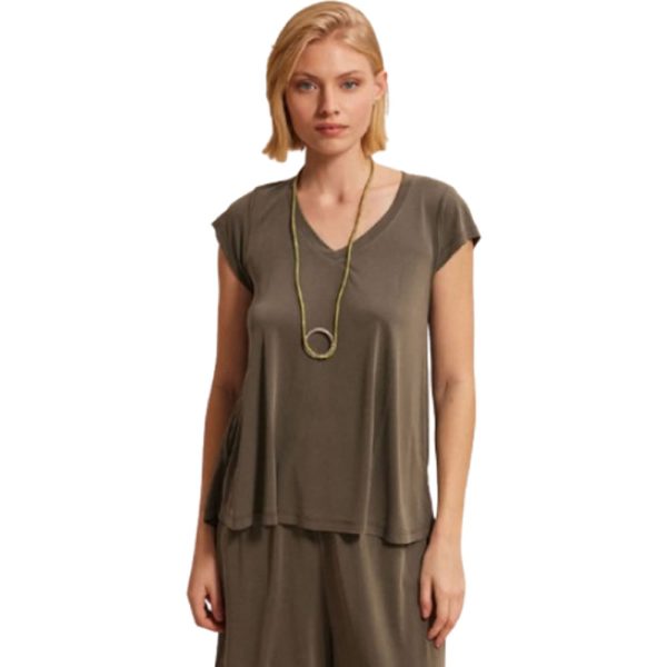 Μπλούζα Jersey Κοντομάνικη Με Λαιμόκοψη V ,SS0725004 Χακί Sinoli Namaste